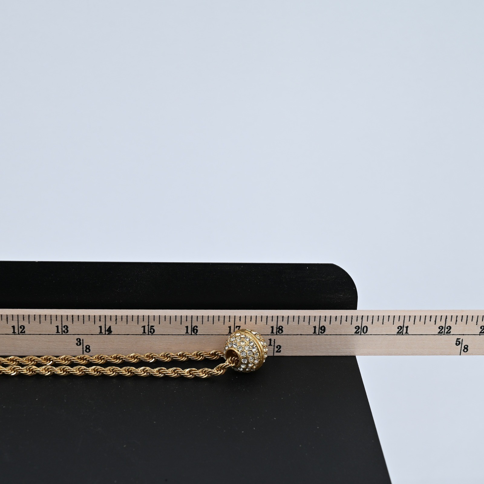 Vintage 18KGP Gold Plated Rope Chain Necklace Crystal Pave Ball Slider Pendant