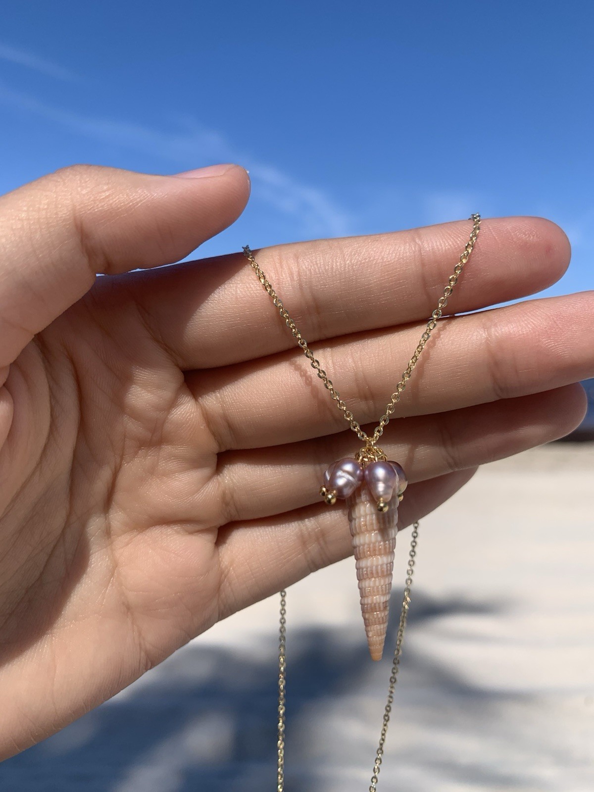 14k Gold Tone Cable Chain Necklace w/ Cone Shell Charm Pendant, Purple Pearl
