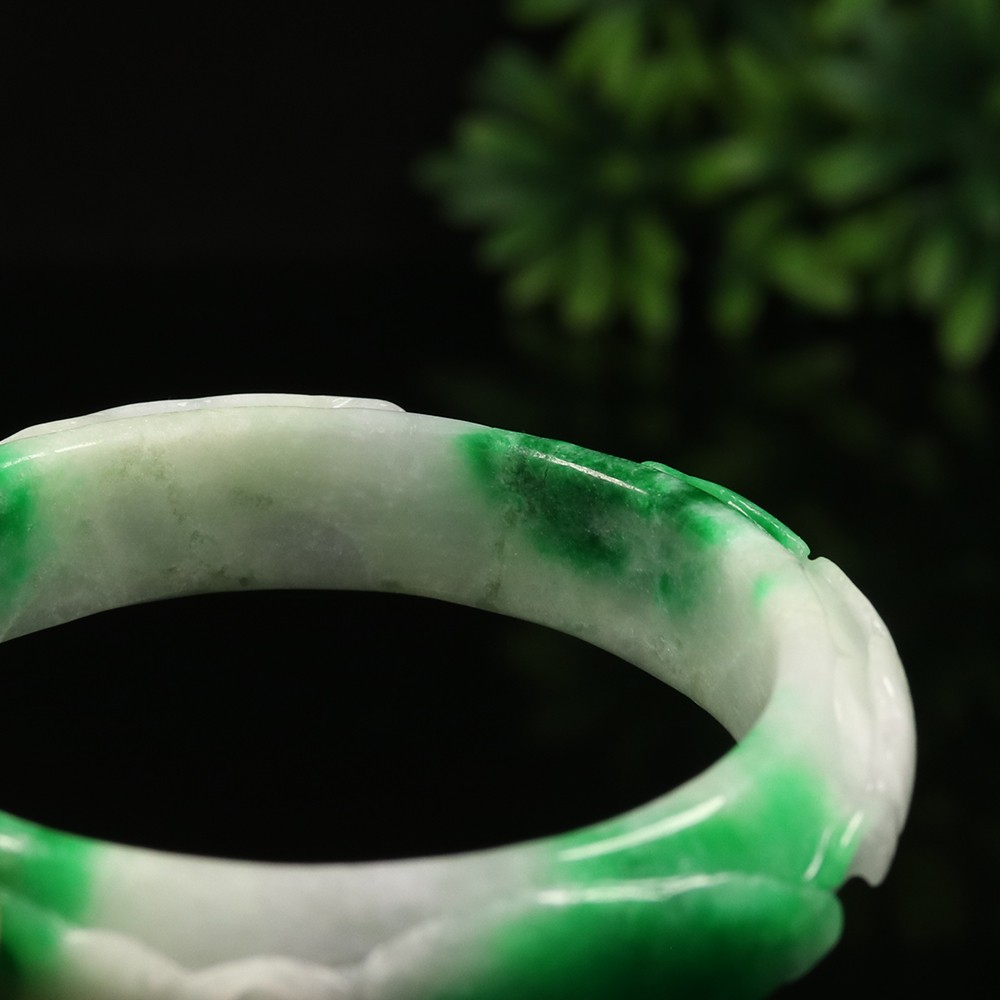 58mm White Emerald Green Jadeite Jade Bracelet Bangle Ruyi Rabbit Bat A-14597