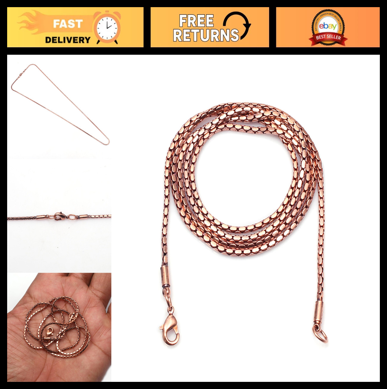 100% Pure Copper Box Chain Necklace, Herringbone Design, Eco-Friendly Pendant Je