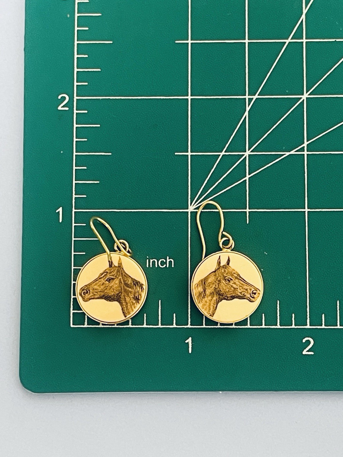 Barlow Scrimshaw Style Horse Earrings Goldtone Dangle Wires approx 1″ Drop