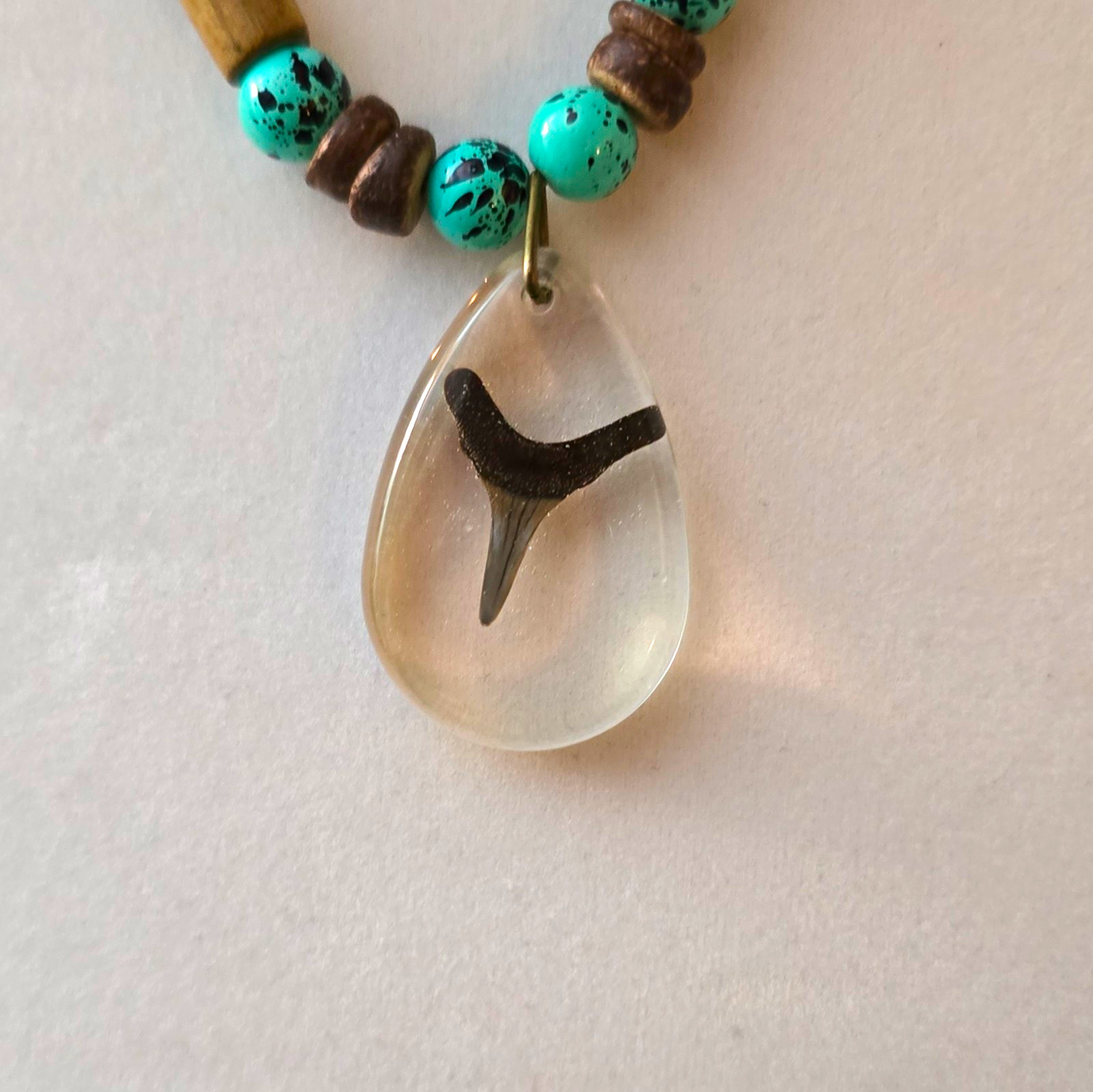 Handmade Resin Shark Tooth Pendant Beaded Necklace, Turquoise Brown Wood Beads