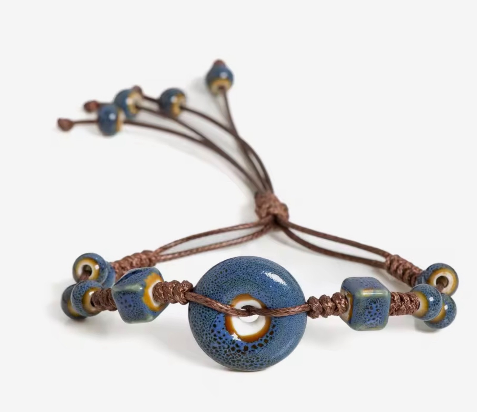 Boho Handmade Glazed Ceramic Peace Buckle Bracelet Adjustable Vintage Jewelry
