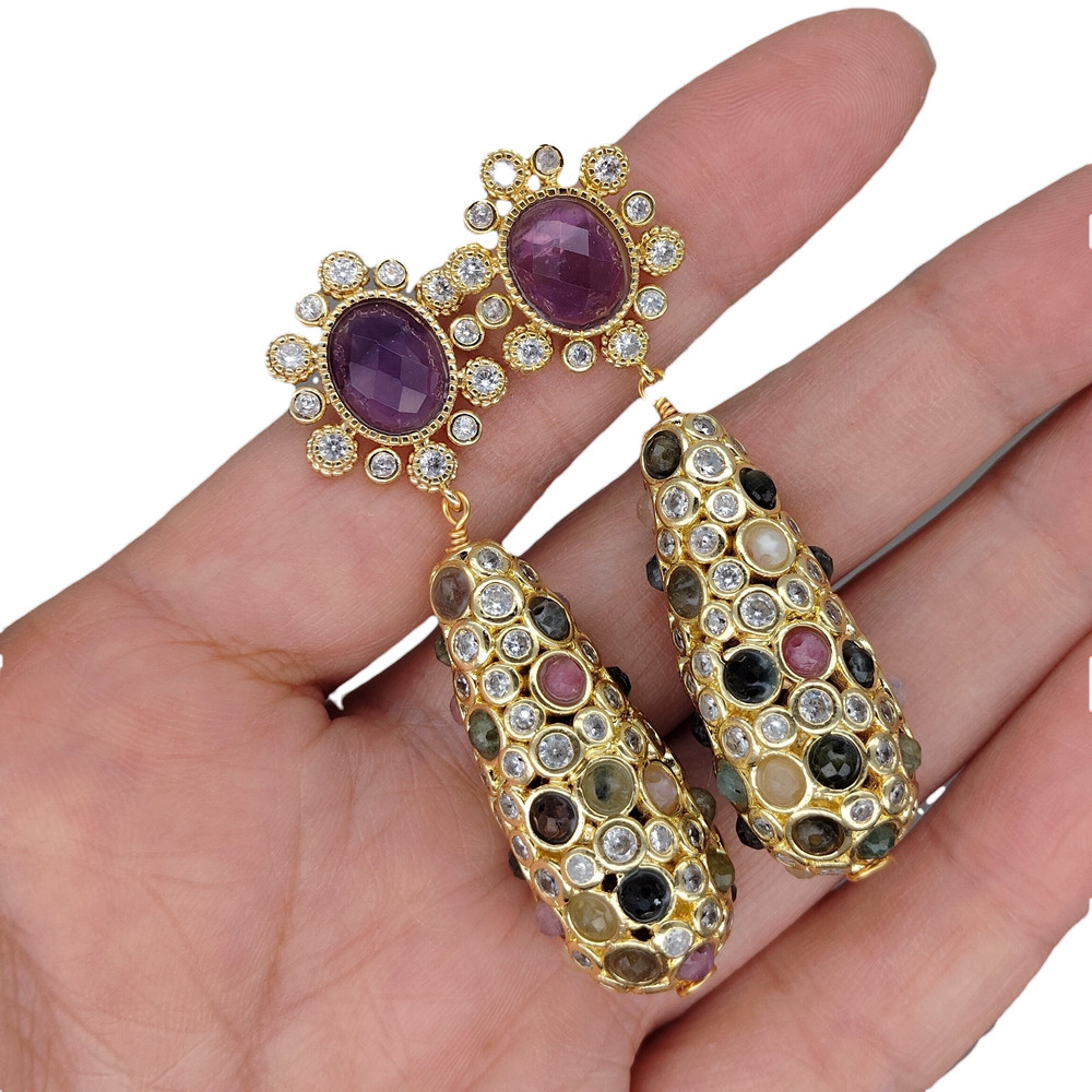 Gold Plated Amethyst Tourmaline Gemstone Dangle Stud Earrings Trendy Jewelry