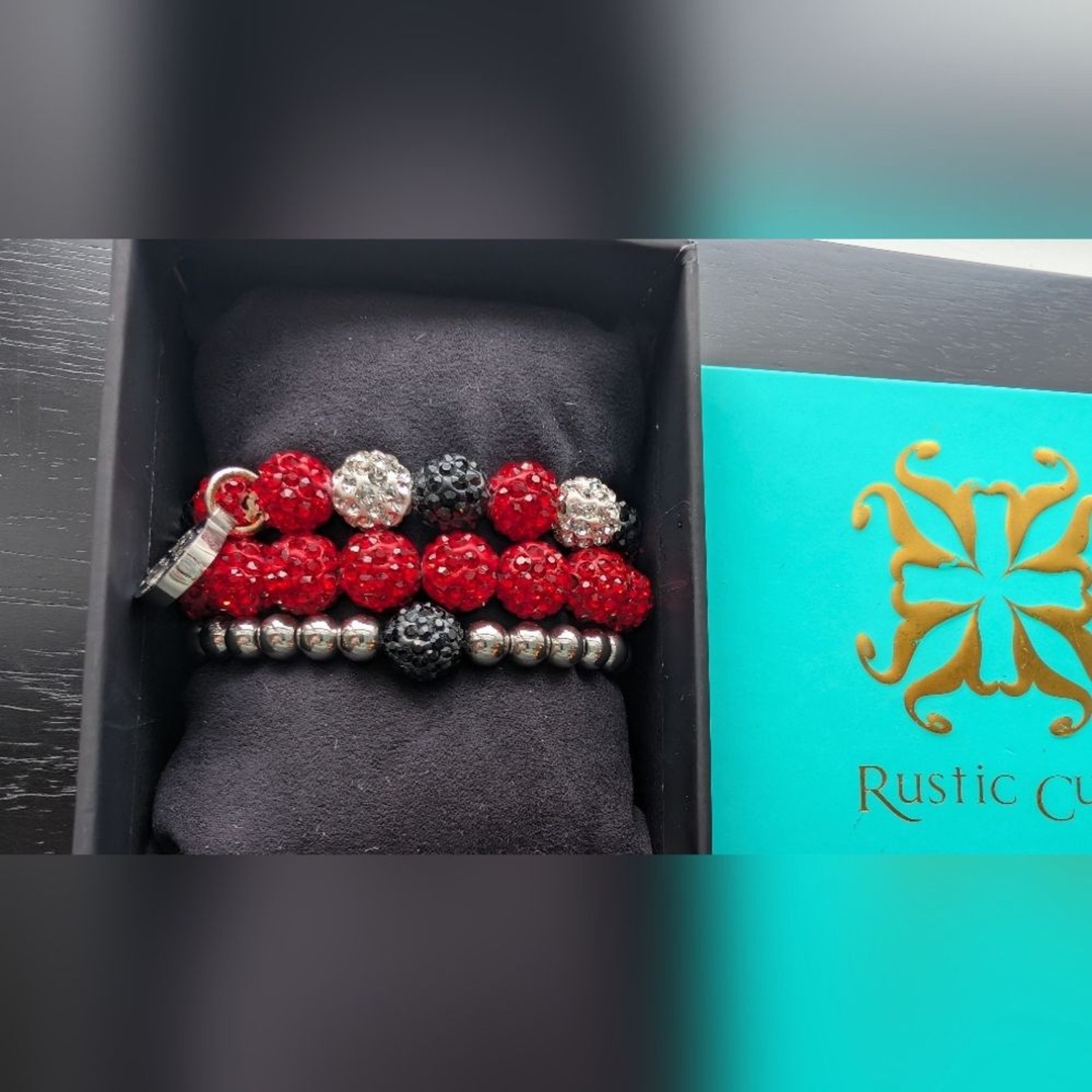 Rustic Cuff Red, Black, and Silver Beaded Bracelets Set Of 3 With Box