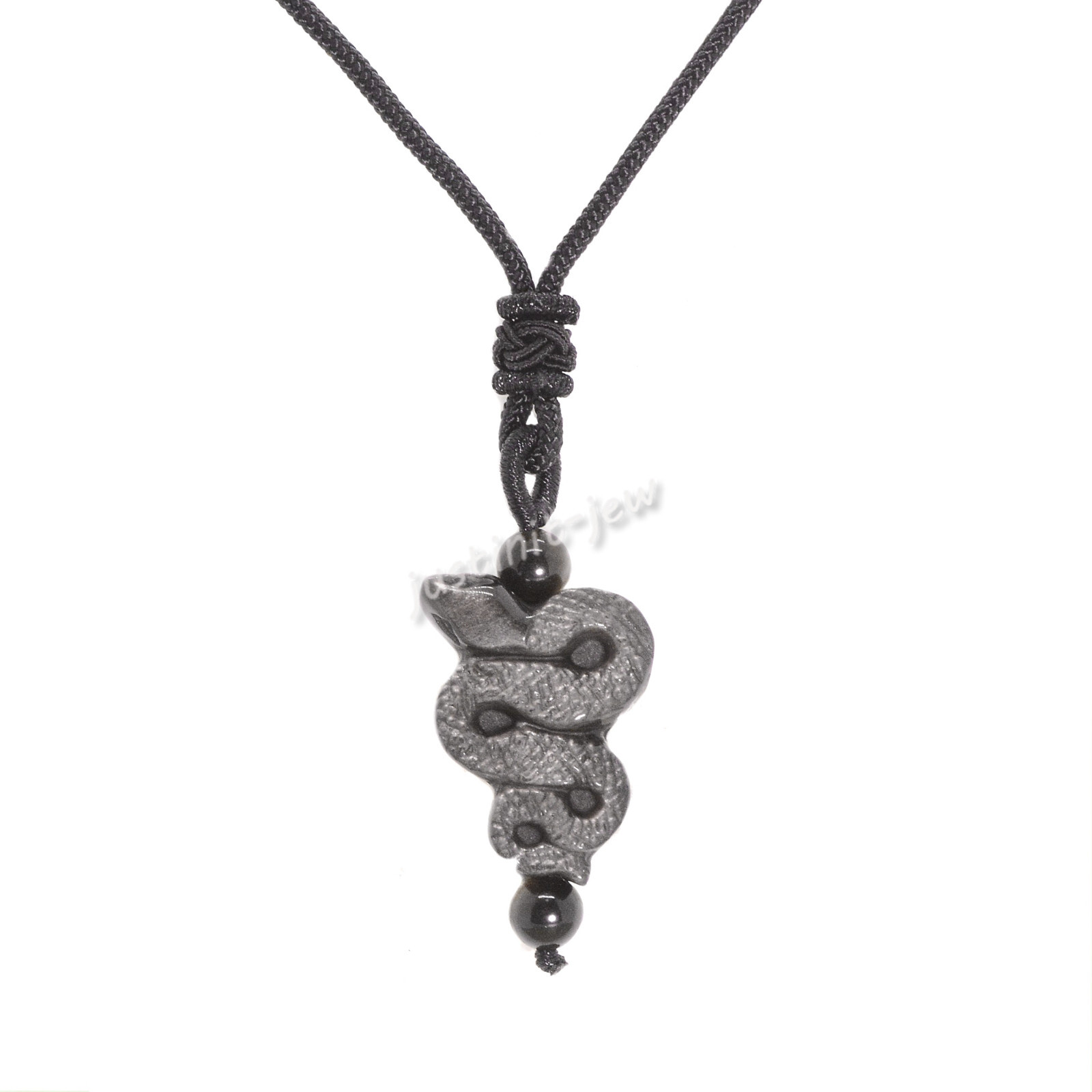 26mm Hand-Carved Silver Obsidian Snake Adjustable Pendant Necklace