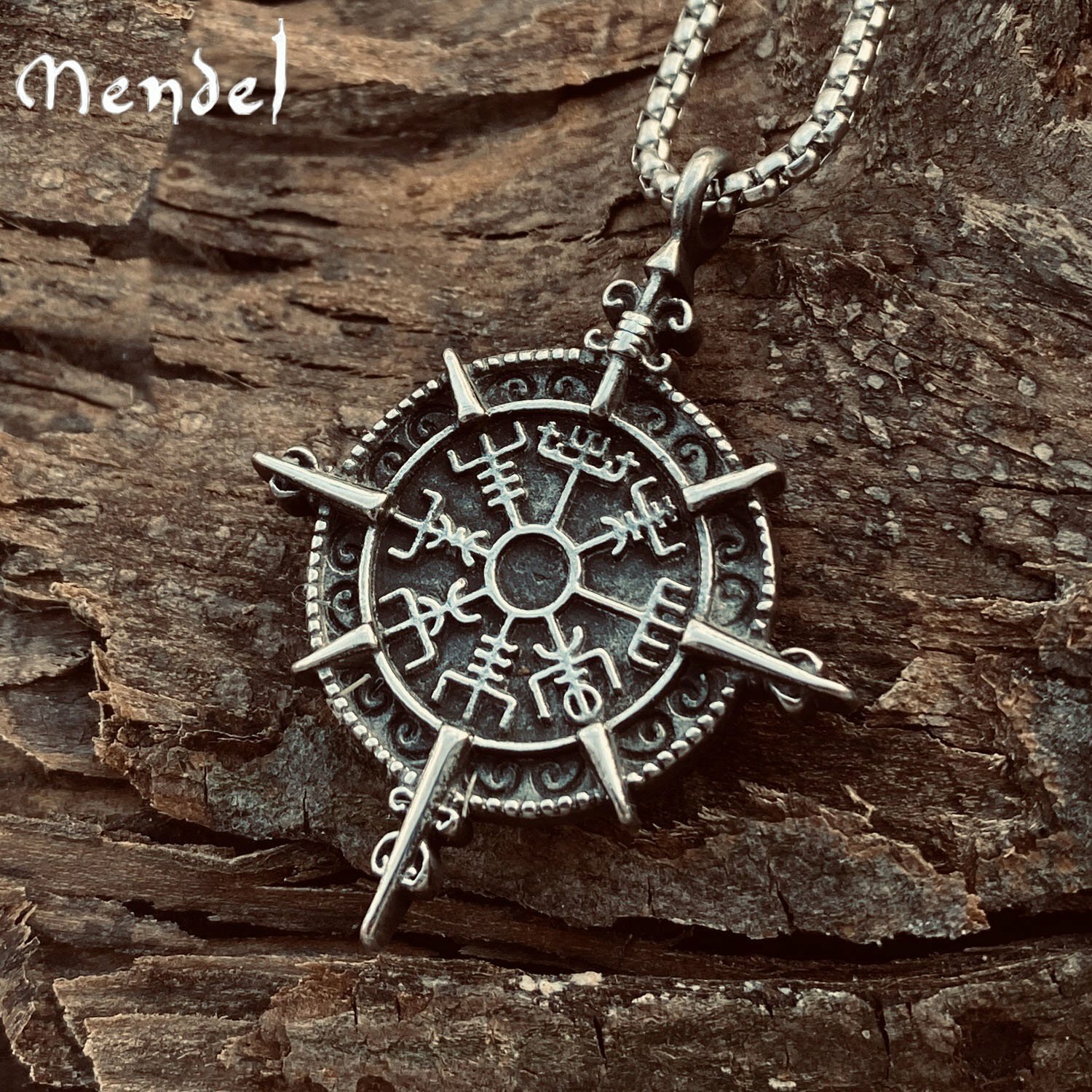MENDEL Stainless Steel Boys Mens Viking Vegvisir Compass Pendant Necklace Amulet