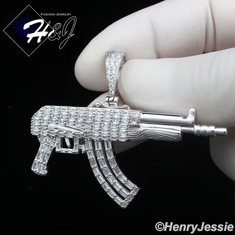MEN 925 STERLING SILVER ICY BLING BAGUETTE CZ 3D “AK-47 GUN” SHAPE PENDANT*SP440