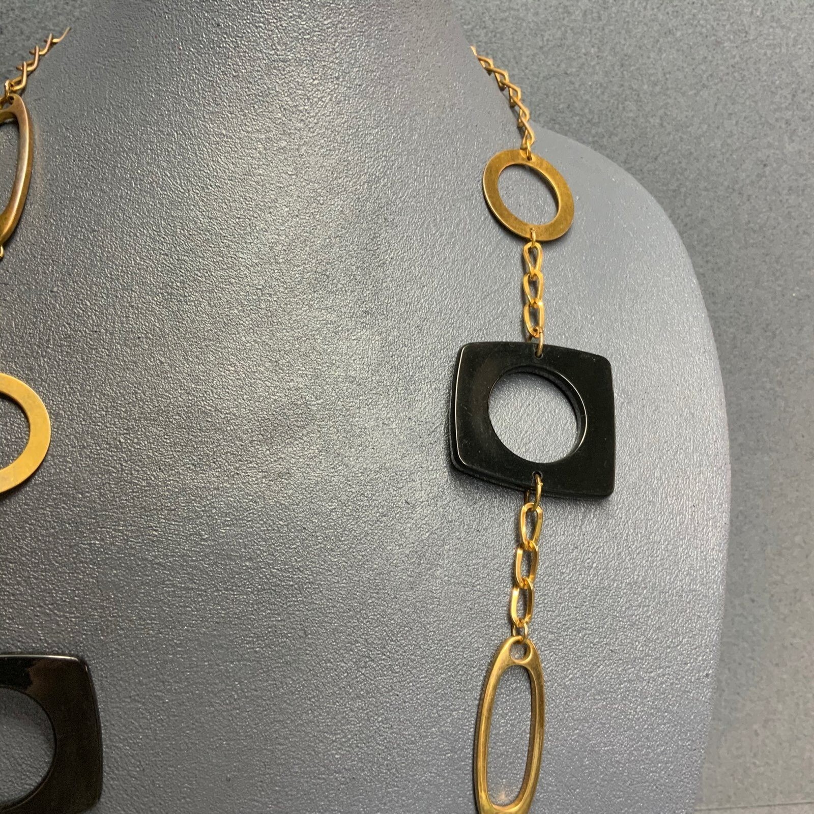Long Geometric Necklace 35 In Gold Chain Black Acrylic Circle Square Shapes Glam