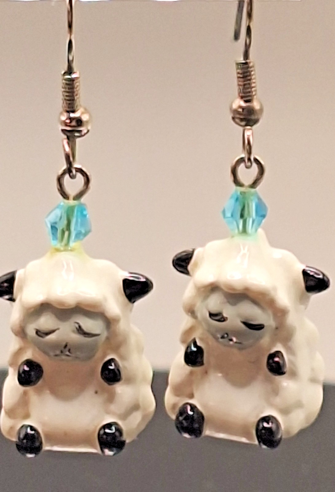 Sweet White w Gray Face Sleeping Lambs Glass Dangle Drop Hook Earrings