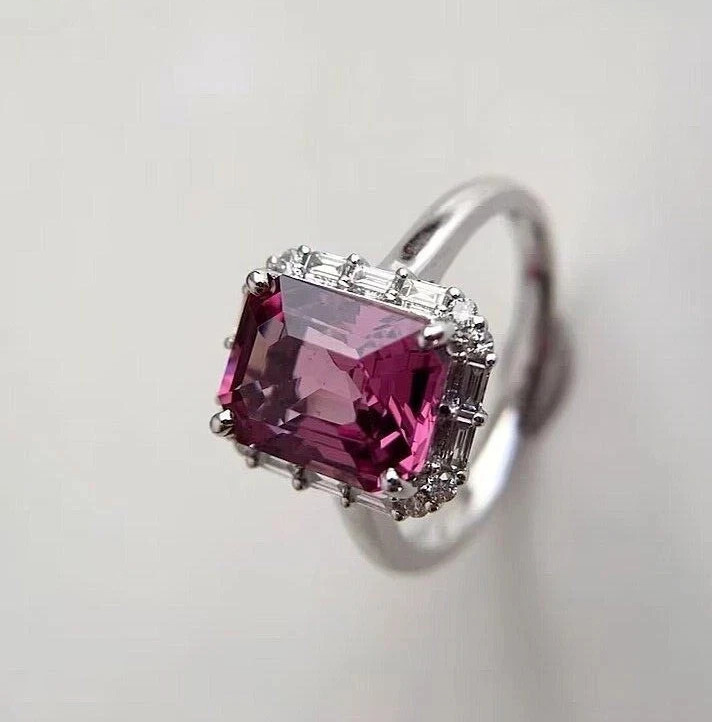 3.70 Ct Emerald Cut Natural Pink Ruby Halo Wedding Ring 14k White Gold Size 8