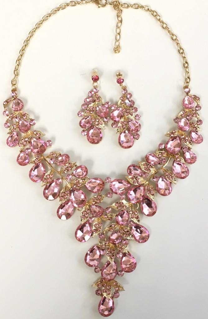 Waterfall Necklace Set Pink crystal Rhinestone Bib cluster Statement Earrings vt