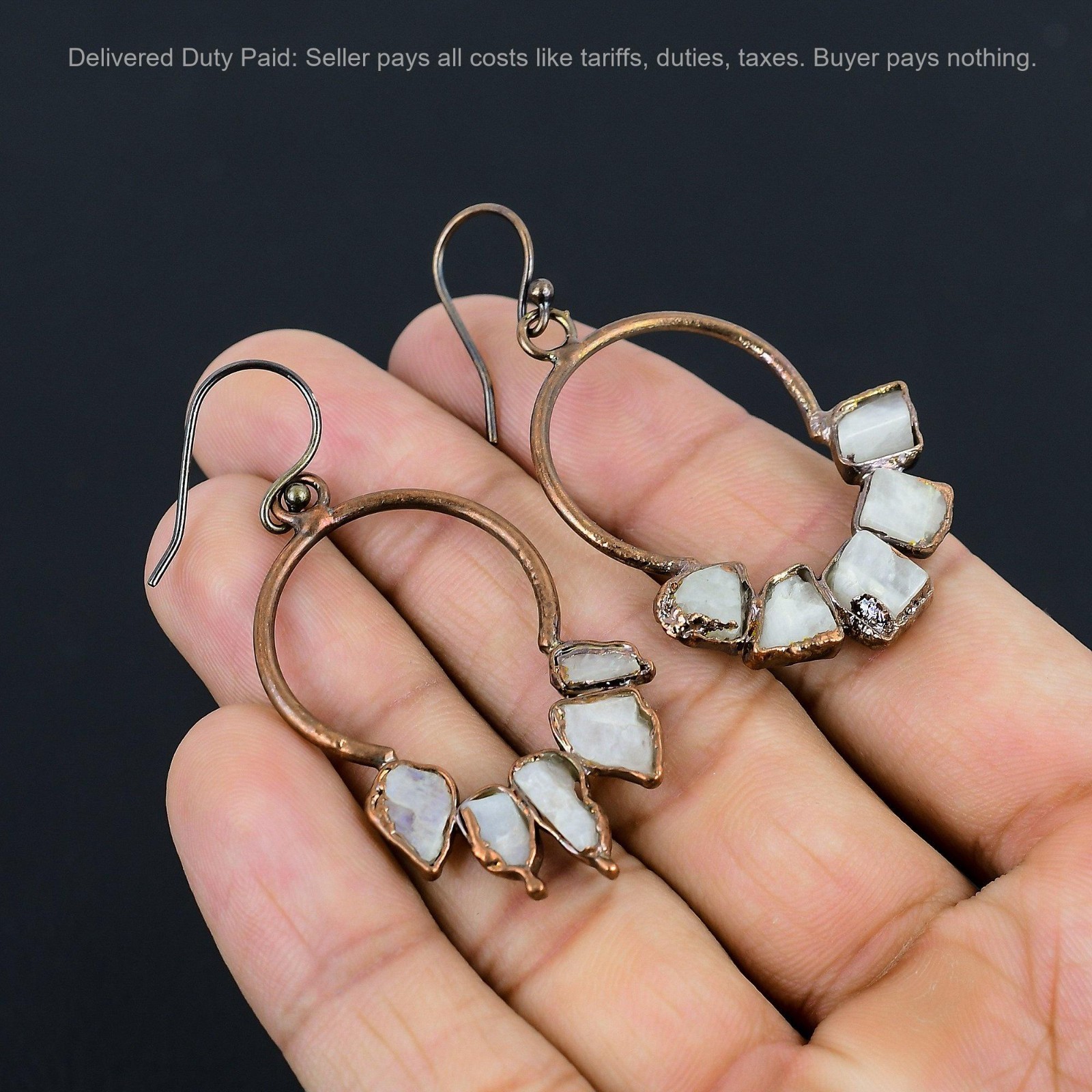 Copper Pentagon Natural Rainbow Moonstone Rough Drop Electroformed Wife Earrings
