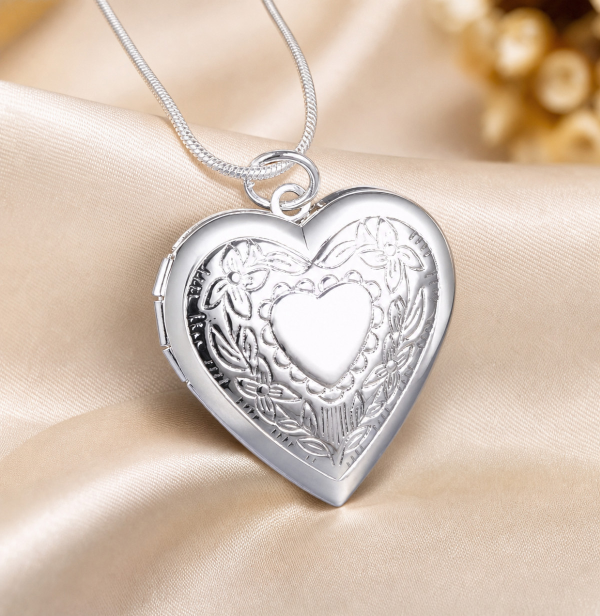 925 Stamped Heart Locket Necklace Silver Plated Floral Photo 18″