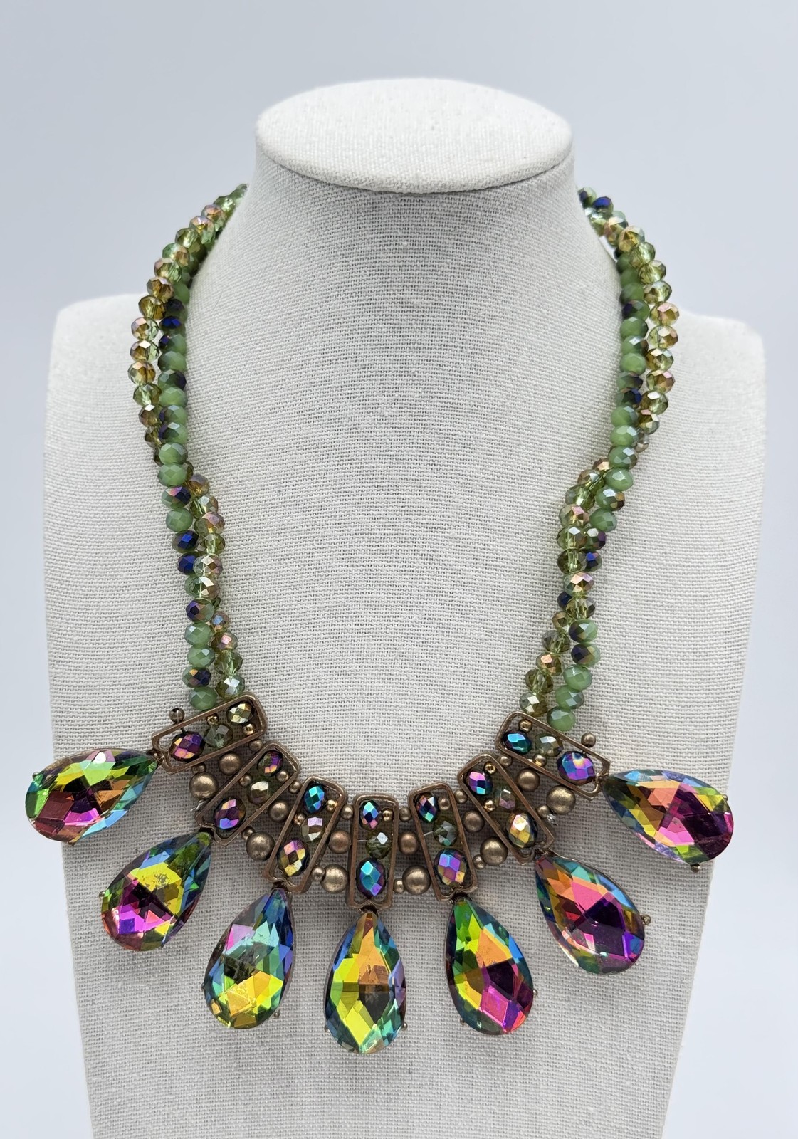 Aurora Borealis Chunky Statement Bib Necklace Beaded Teardrop 15in Rainbow