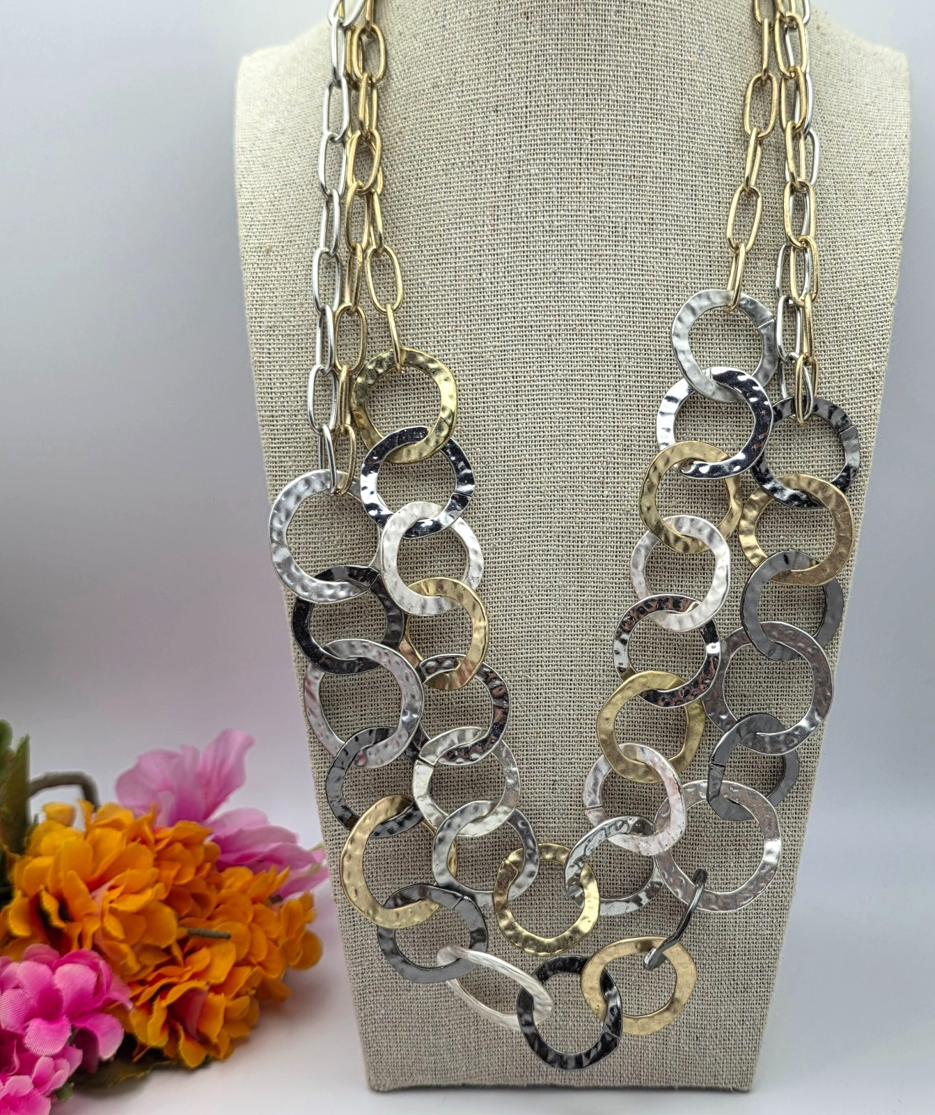 Hammered Metal Circle Link Statement Necklace Triple Strand Silver Gold Gunmetal