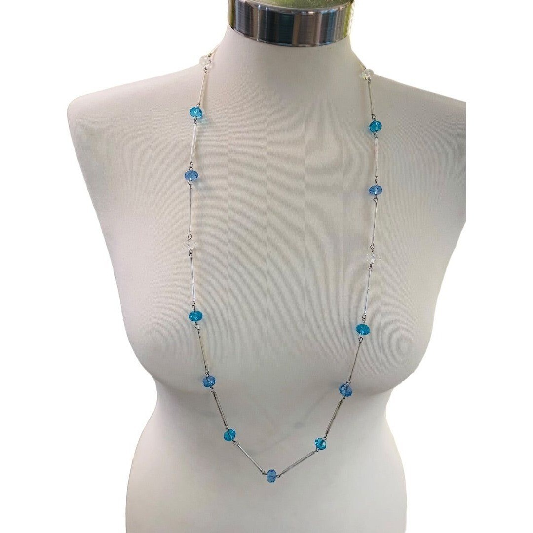 Silvertone Blue Aqua Beaded Overhead 36″ Strand String Necklace