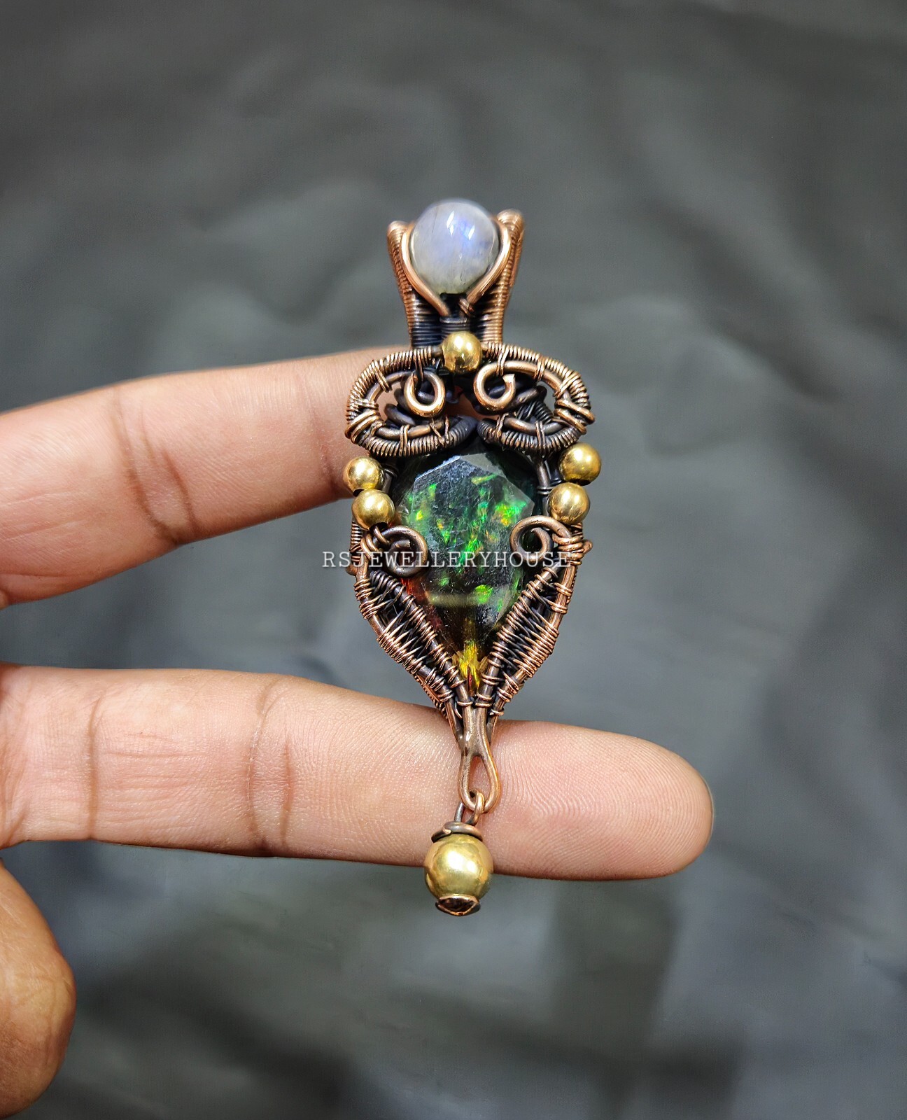 Faceted Ammolite Pendant Copper Wire Wrapped Pendant Handmade Pendant Jewelry