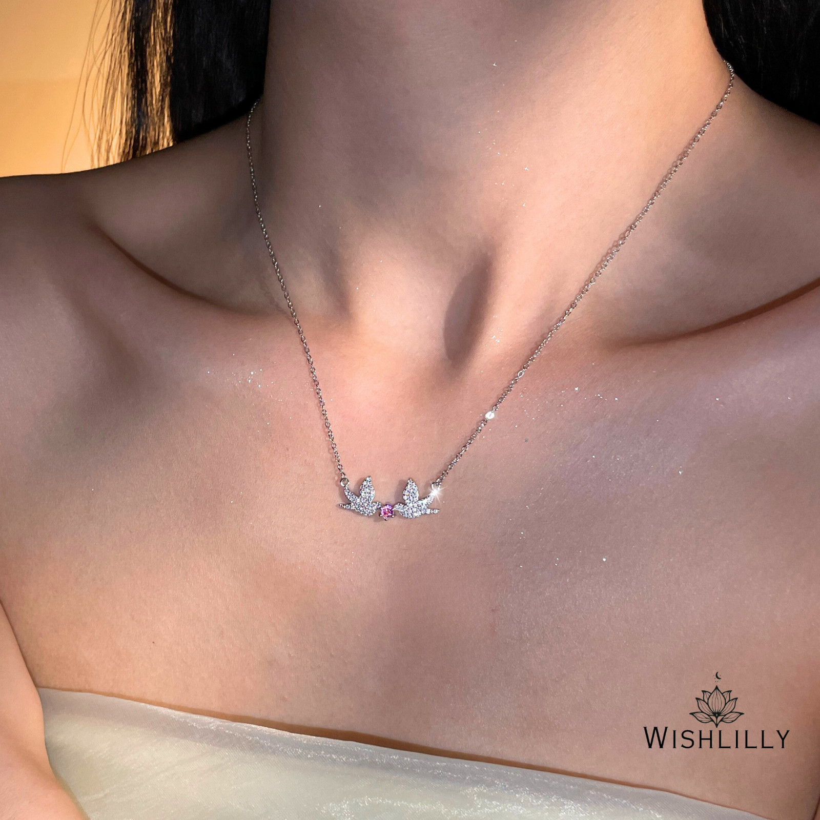 Silver Bird Charm Necklace by Wishlilly – Silver Crystal Dove Pave Crystal