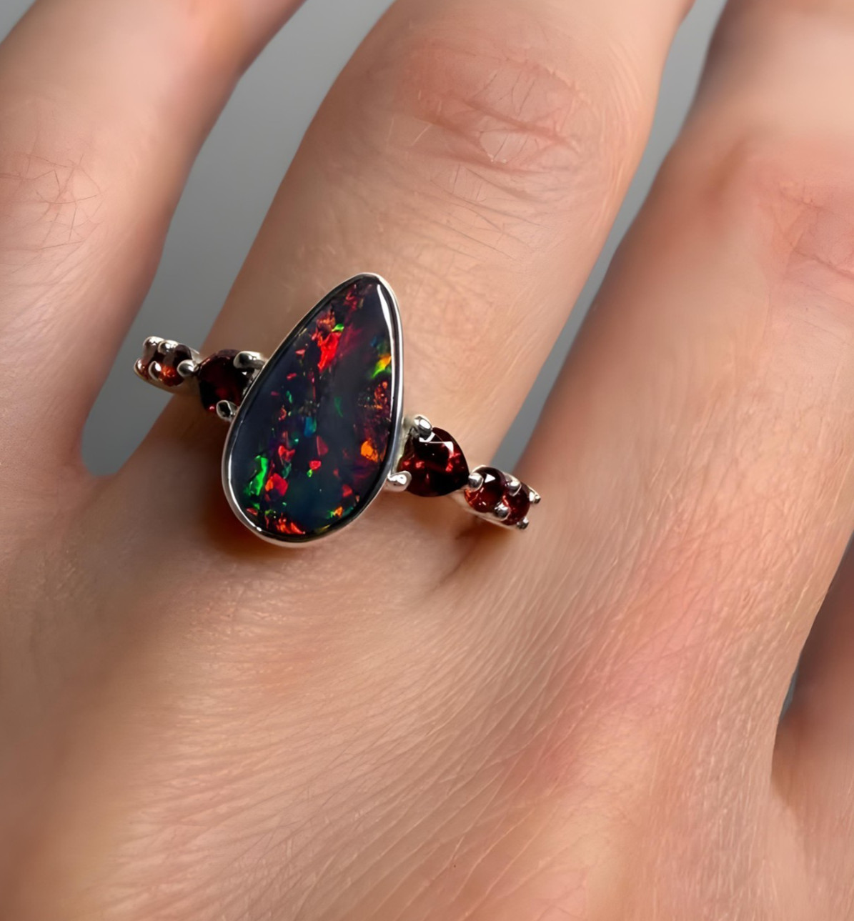 Natural Black Opal Pear Ring 925 Sterling Silver Welo Multi Fire Opal Jewelry