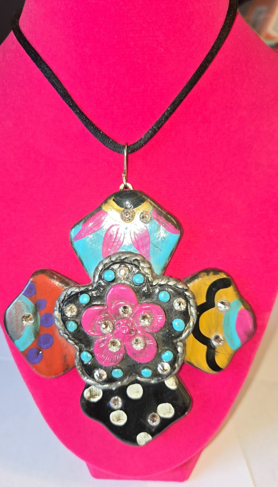 Cross Polymer Clay Flower Statement Pendant Necklace 16″