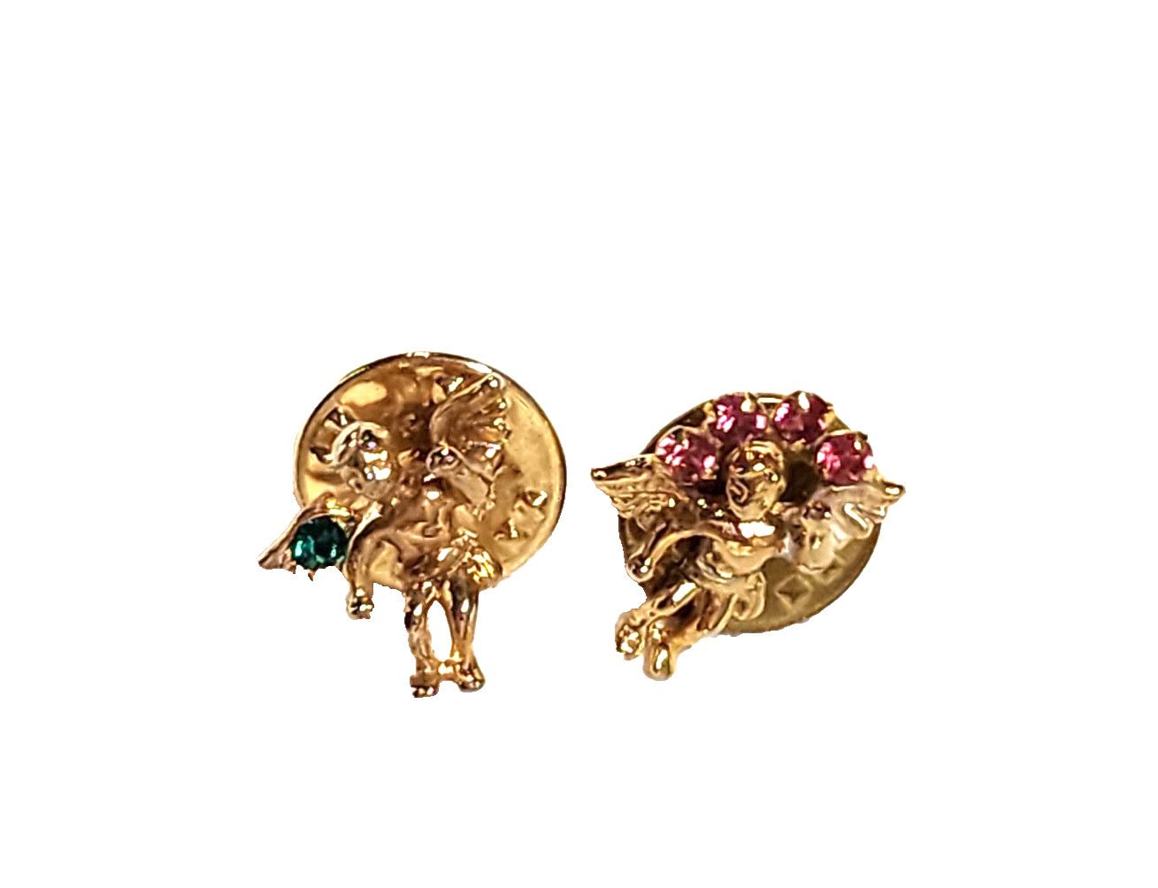 Lot Of 2 Vintage Guardian Angel Cherub Pins Pink & Green Rhinestones Gold Tone