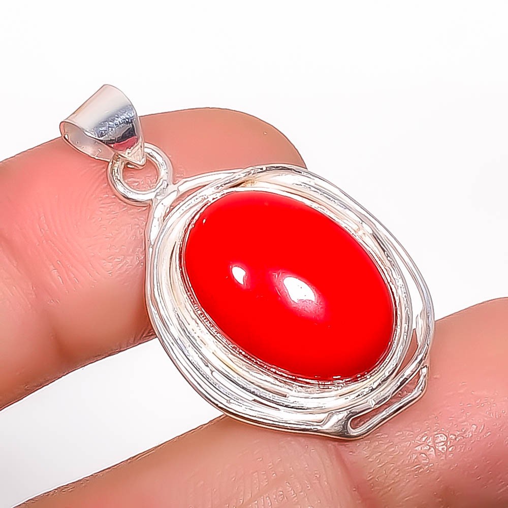 Red Coral Gemstone 925 Silver Plated Pendant 1.37″ P7348-40