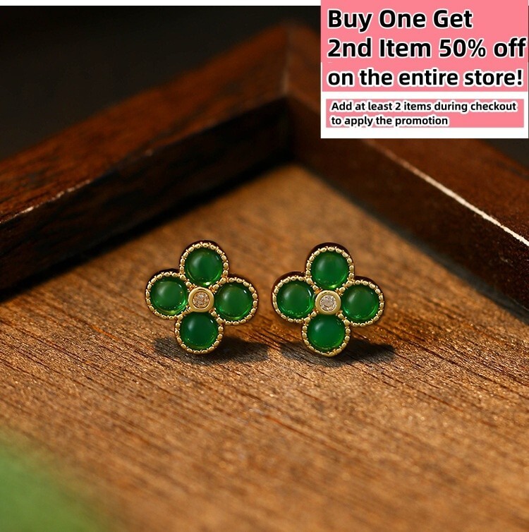 Jade Four-Leaf Clover Stud Earrings Minimalist Bamboo 18K Gold Plated Gemstone