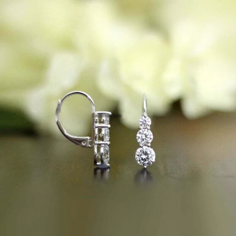 1Ct Round Cut Simulated Diamond Three Stone Hoop Earrings 14k White Gold Plated