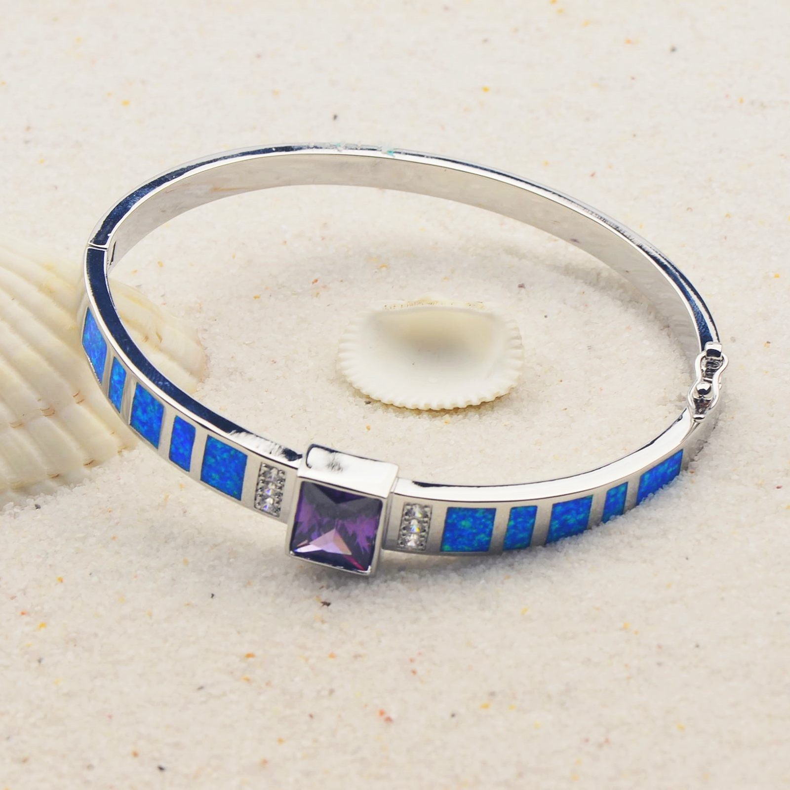 Blue Opal Square Bangles 925 Sterling Sliver Jewelry For Women Girls