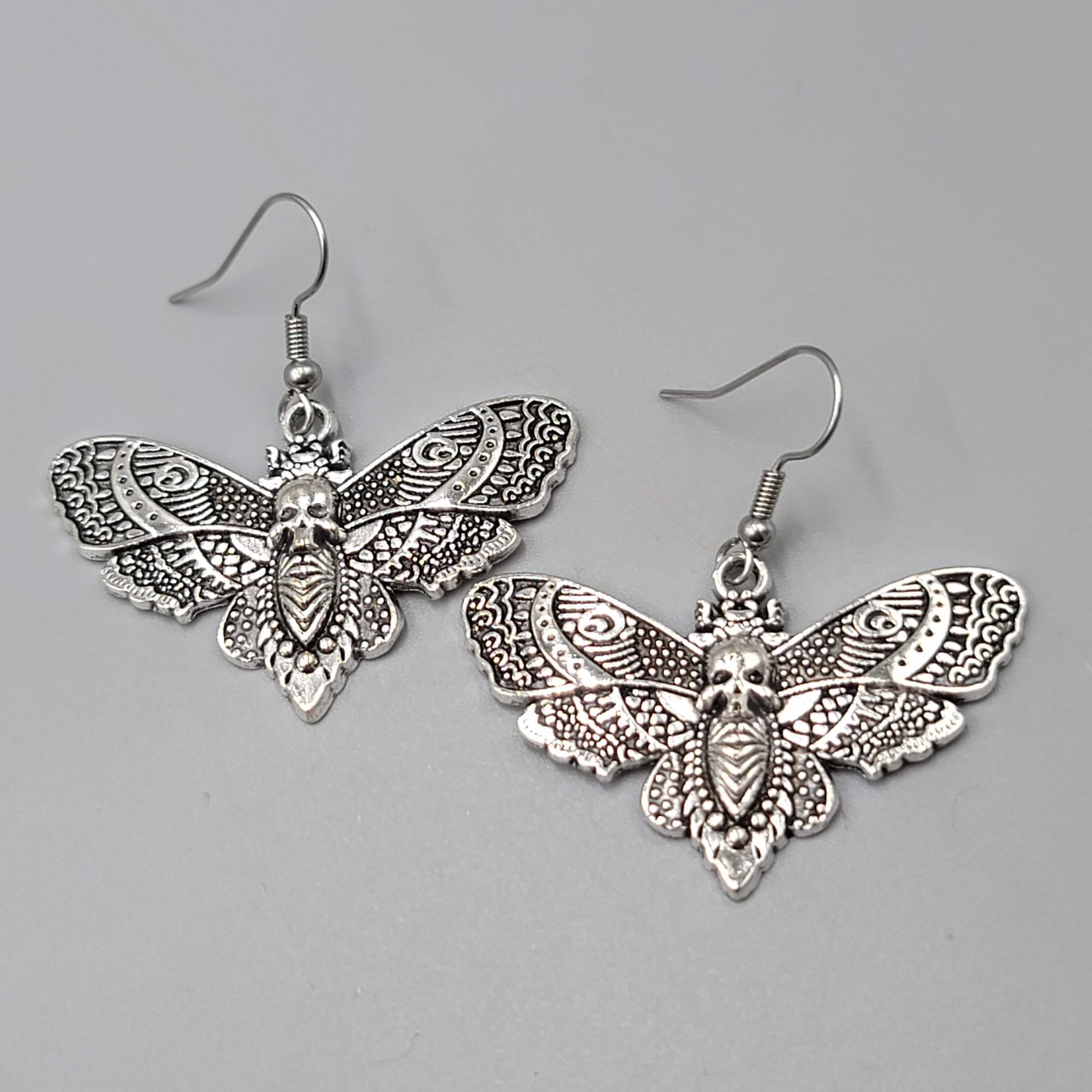 Moth Silver tone Embossed Pierced Earrings Dangle Goth Rock Punk 1 5/8″ x 1 in