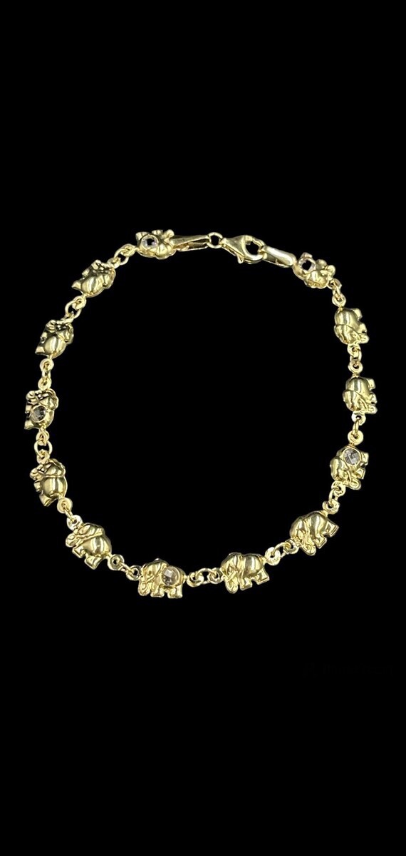 10K Real Gold Puff Elephant Crystal Link Chain Bracelet With Lobster Lock