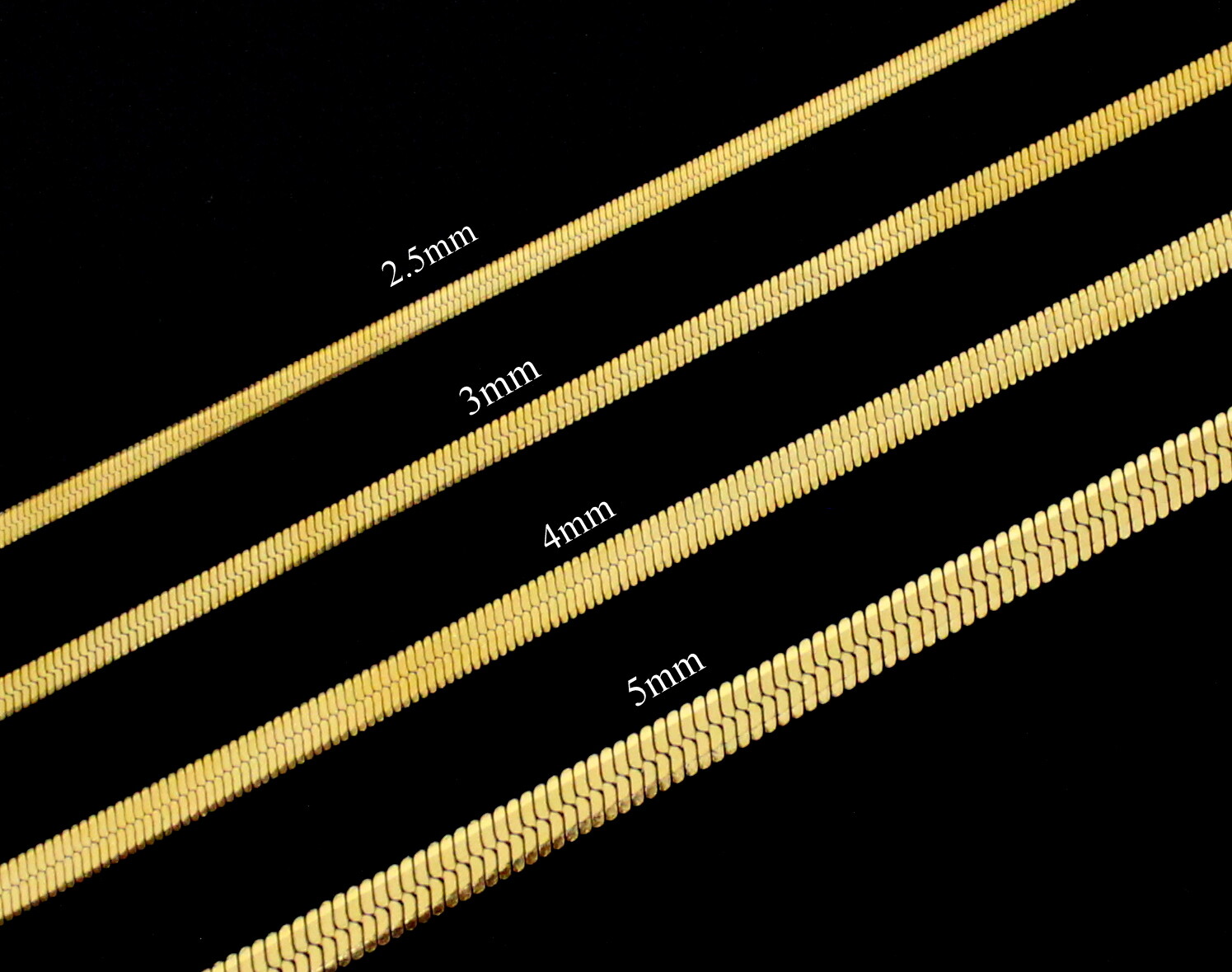 Gold Plated Stainless Steel 2.5mm-5mm Herringbone Chain Flat Necklace 16″-24″