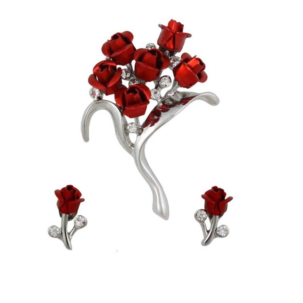 Bouquet of Red Roses Brooch Pin and Rose Earring Set – PRL105SBS