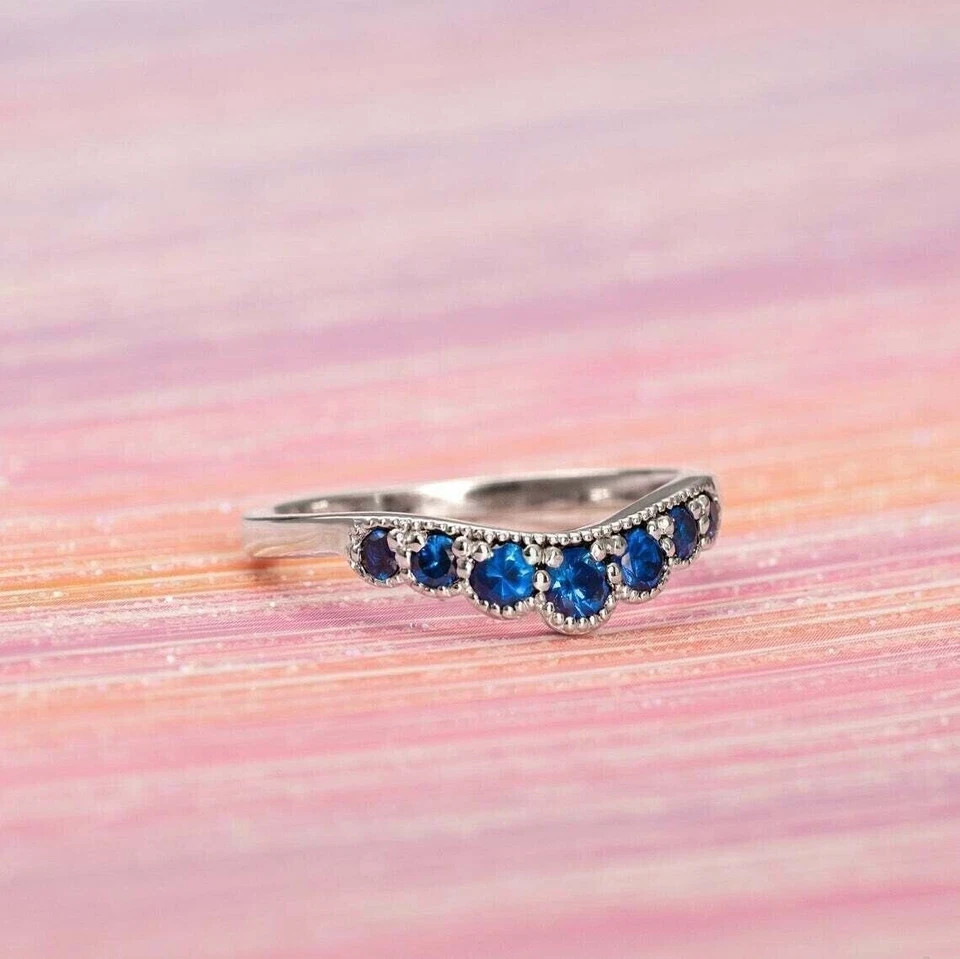 2Ct Round Cut Blue Sapphire Curved Wedding Band Ring 14k White Gold Plated