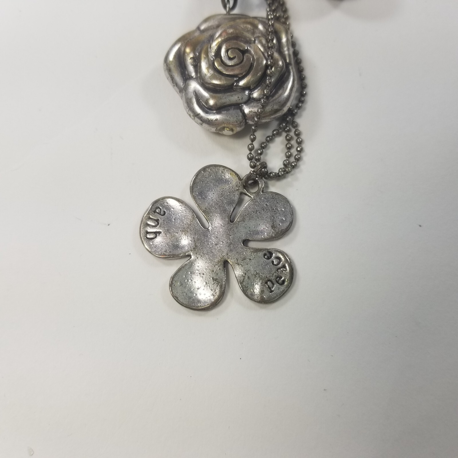 Flower Dangle Ornate Pendant Charms Necklace Silver Tone Black Cord 32-34″