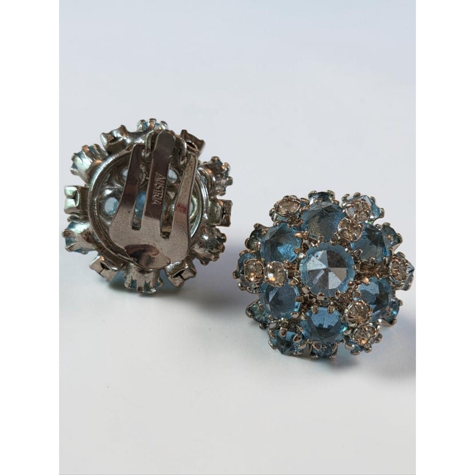Vintage Austrian Blue & White Crystal Cluster Clip-On Earrings, Excellent Cond.