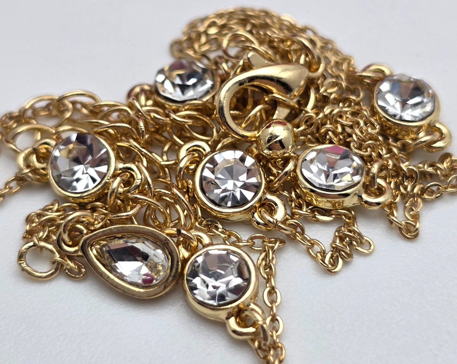 Gold Tone Clear Rhinestone Y Drop Station Necklace 21 In Adj. Minimalist Dainty