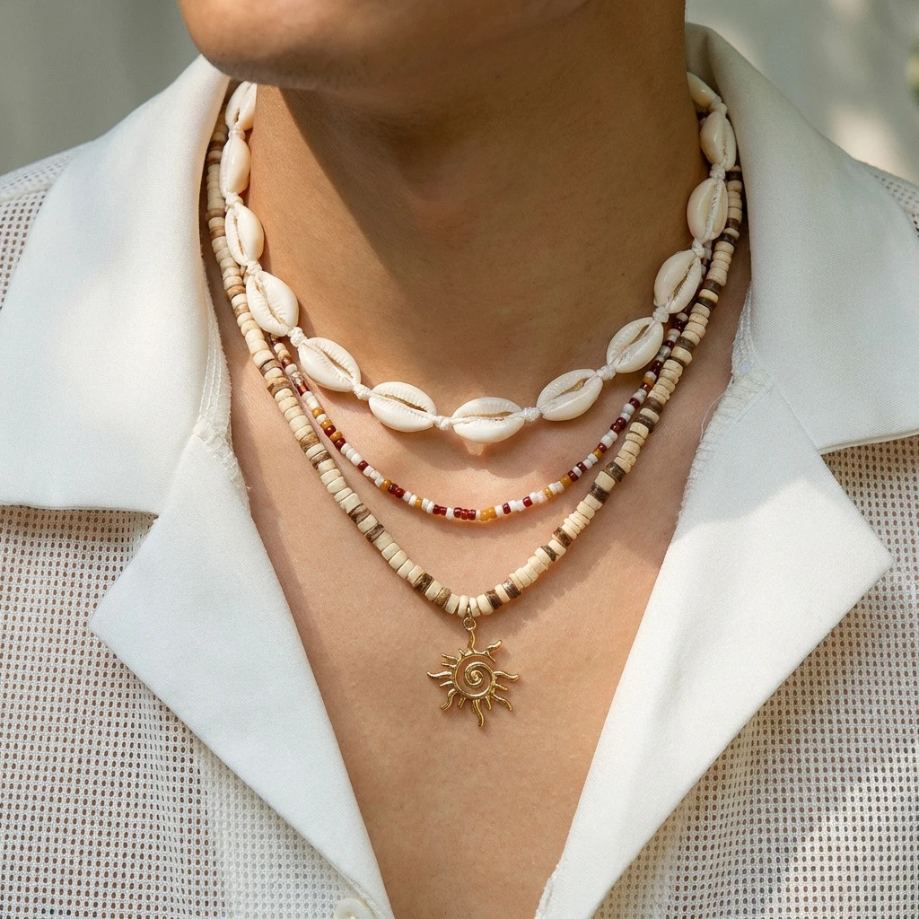 Unisex Boho Surfer Layered Necklace for Women Man Cowrie Shell Choker Tribal Woo