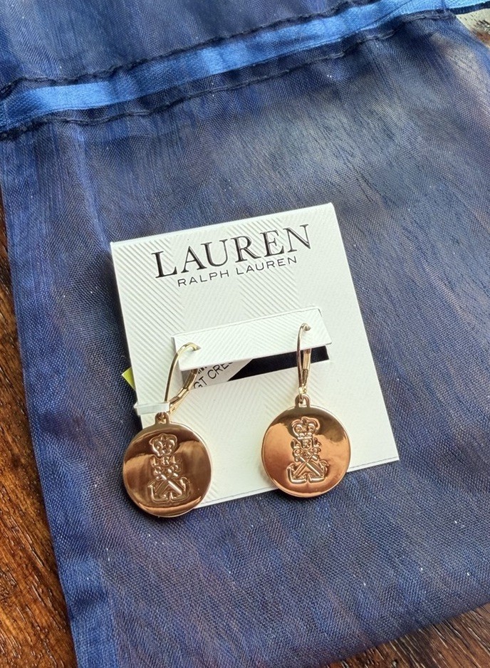 Lauren Ralph Lauren Women’s Drop Earrings Crest Logo Gold Tone New