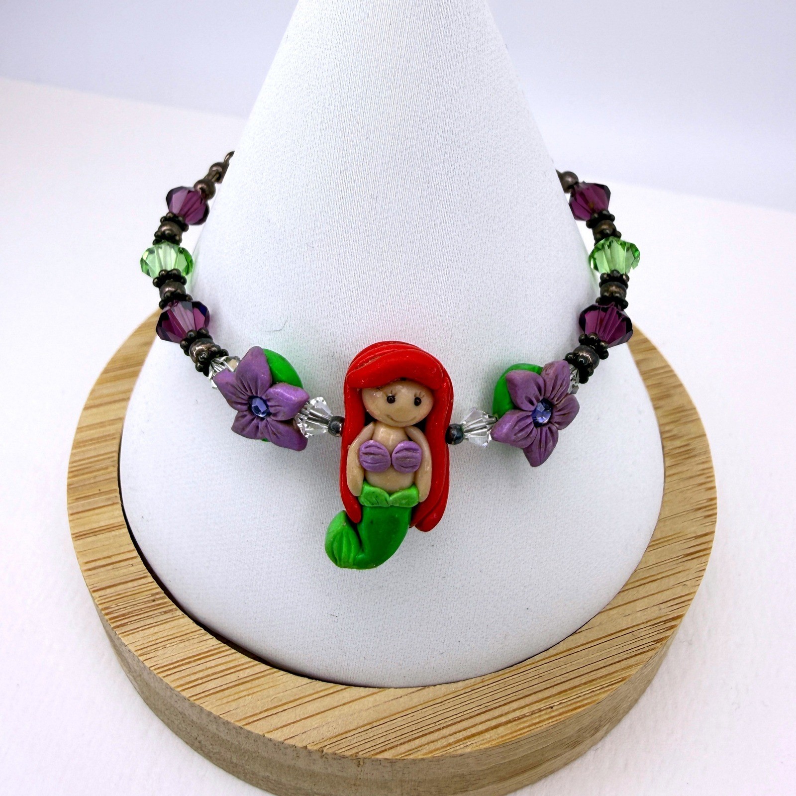 Little Mermaid Polymer Clay Beaded Bracelet Sterling Silver Crystal Whimsical