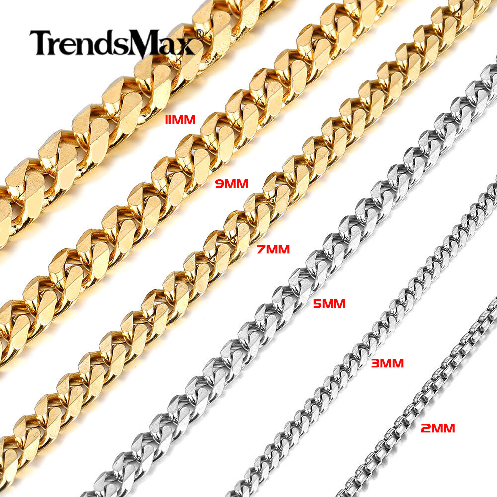 2-11mm 16″ Siilver/Gold Plated Stainless Steel Cuban Curb Chain Choker Necklace