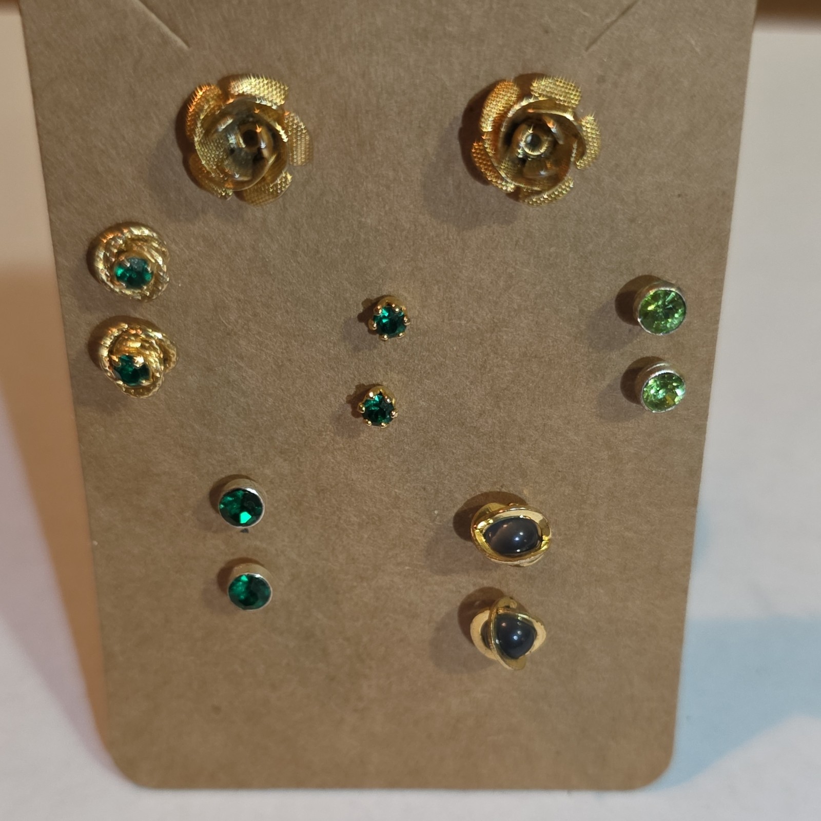 Gold Tone Rose Stud Earring Set & Matching Green/Blue Stone Earrings