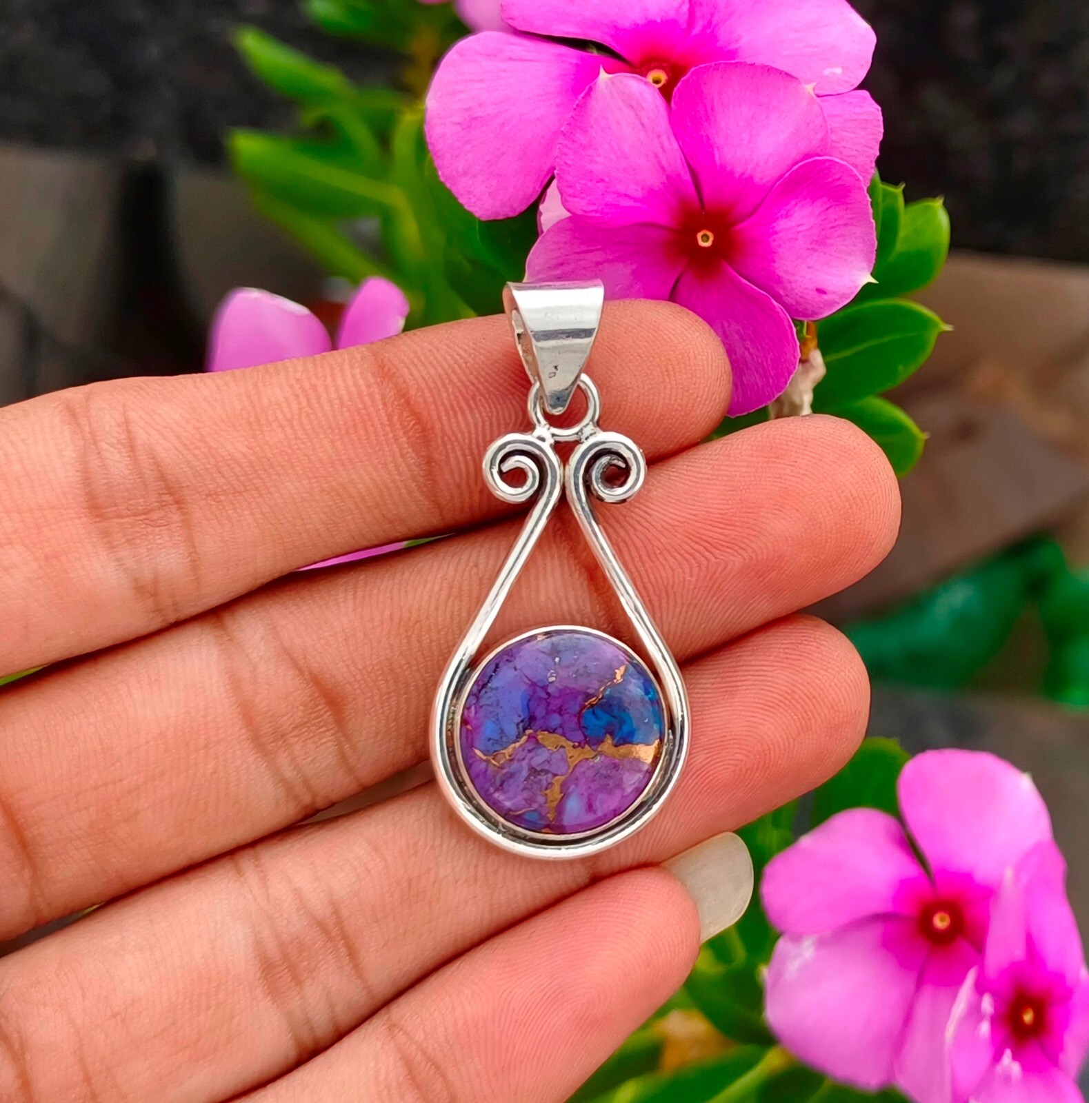 Purple Copper Turquoise Pendant 925 Sterling Silver Gift Handmade Jewelry PG12