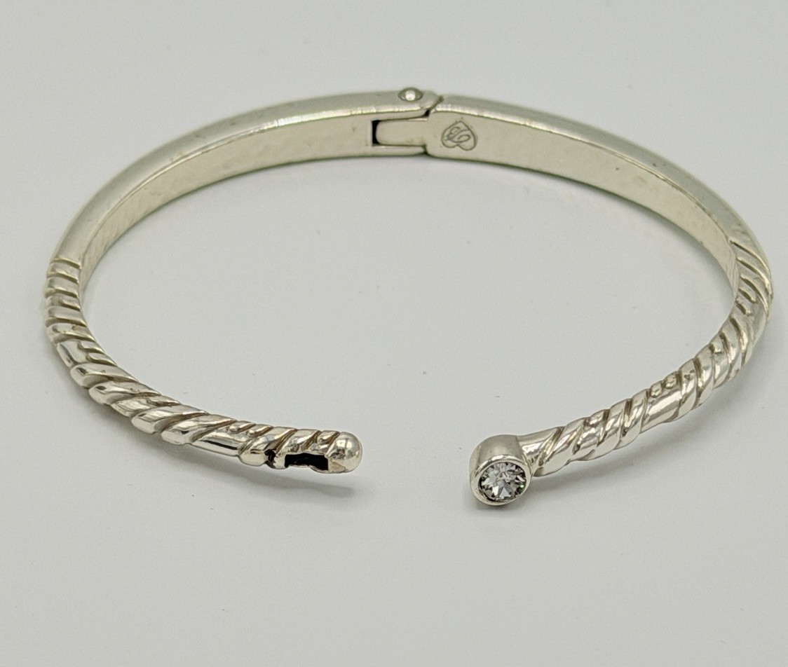 Brighton Silver Tone Hinged Cuff Bracelet Twisted Rope Crystal Bangle