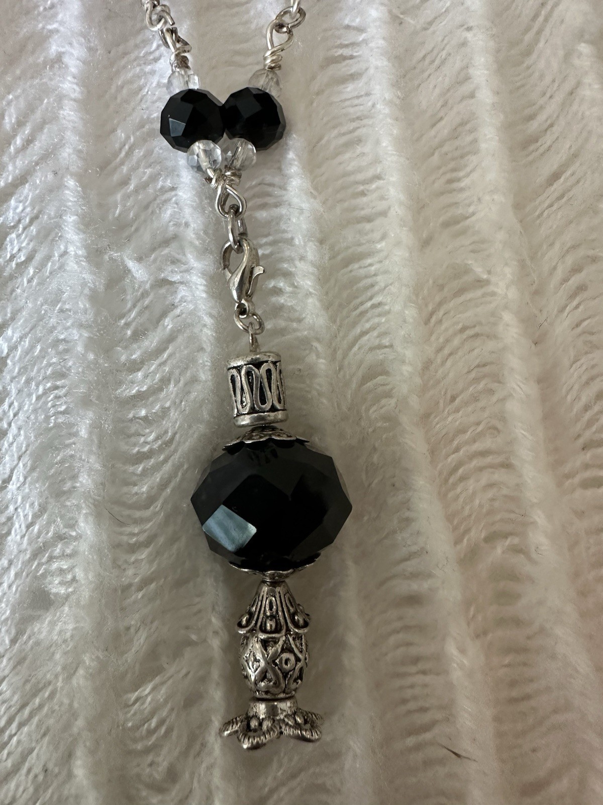 AB Crystal Necklace Pendant Clear & Black Faceted Glass Beads Silver Tone