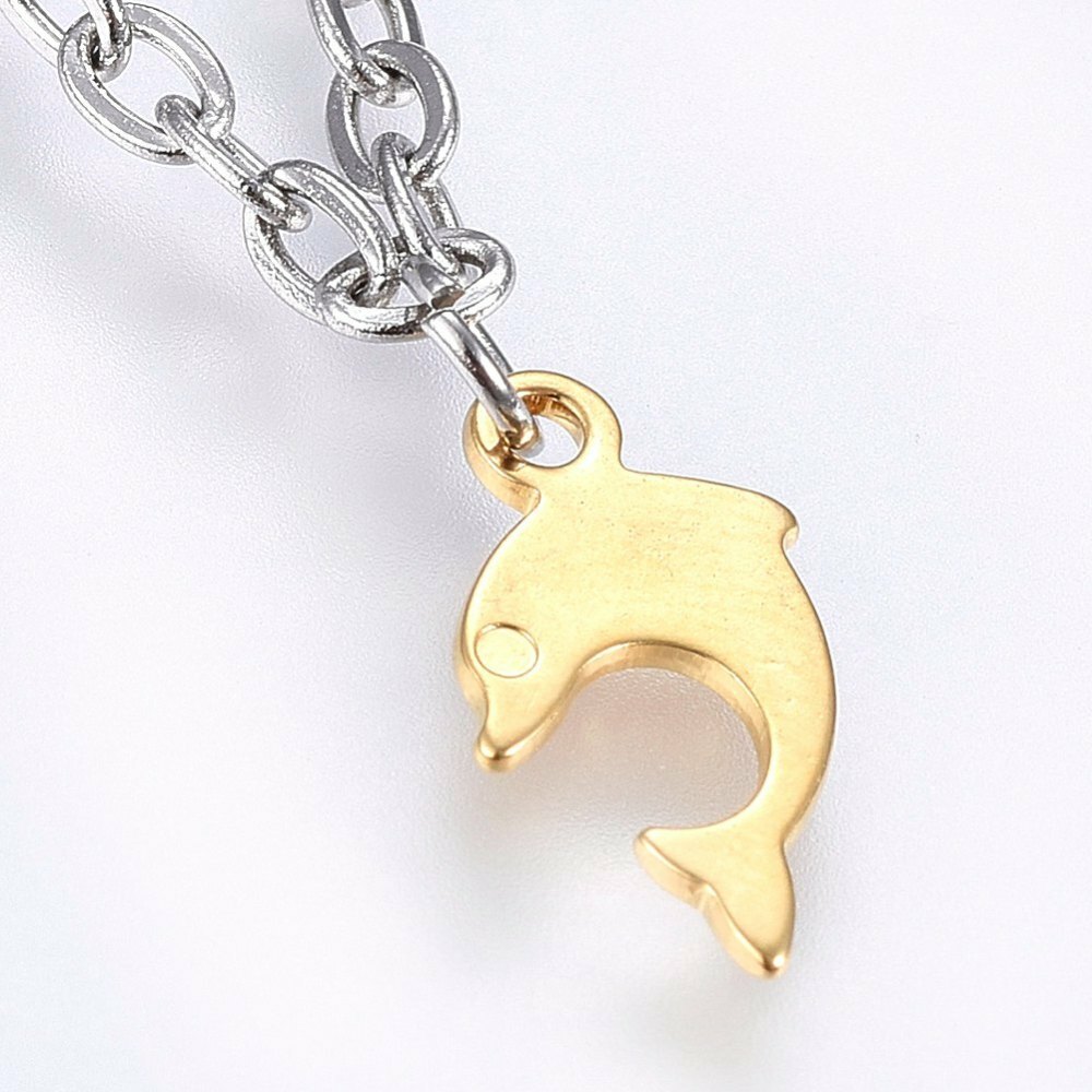 Stainless Steel Charm Bracelet Lobster Dolphin Gold Silver Color 7.8″ 2.5mm A72