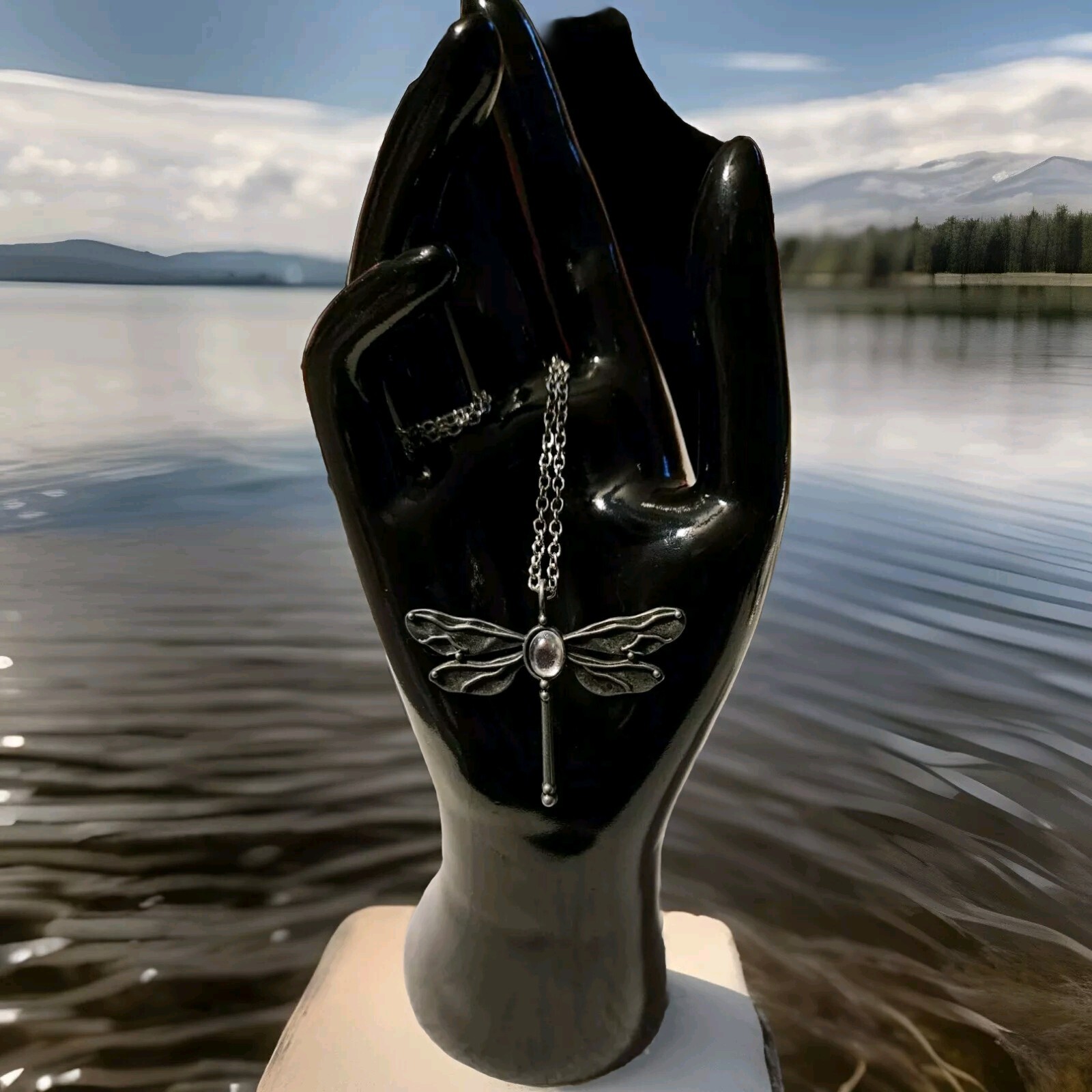 Silvery Dragonfly Shaped Pendant with a White Inlaid Synthetic Zircon Gem