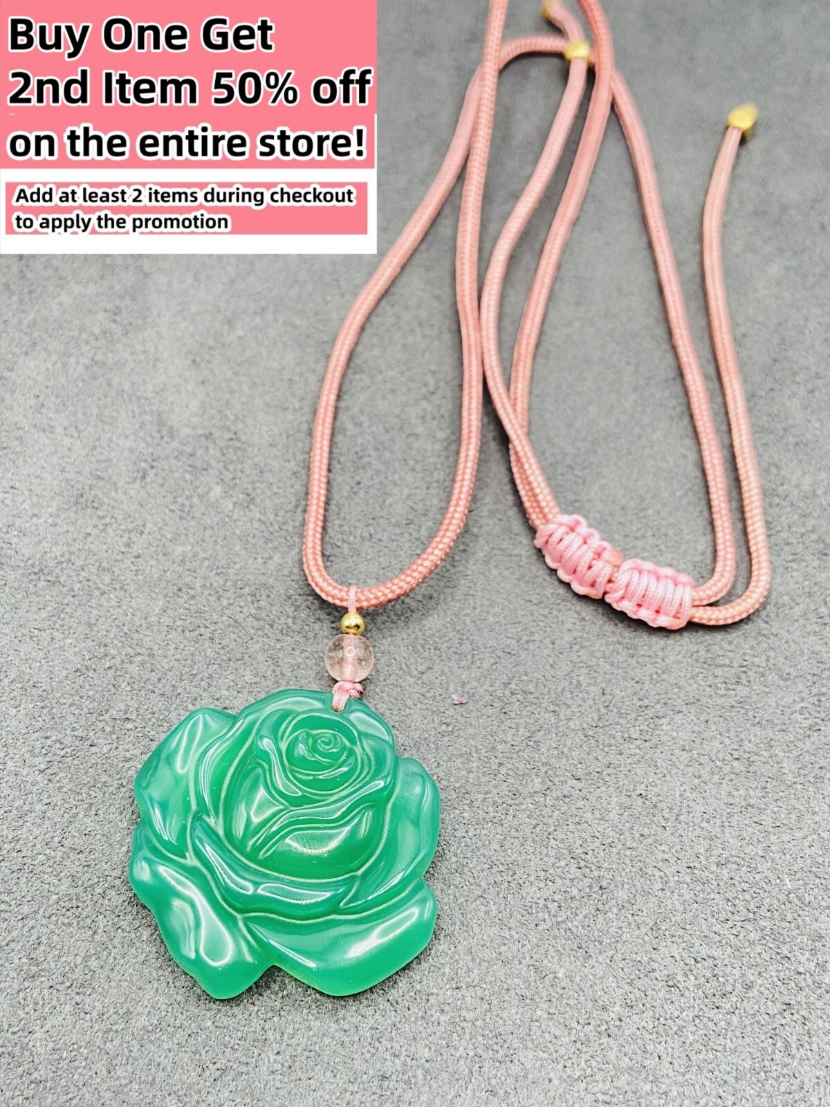 Carved Green Jade Rose Floral Charm Pendant Necklace Adjustable Cord Handmade