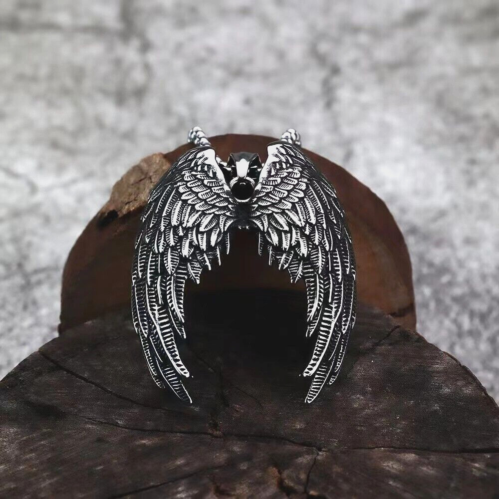 Mens Vintage Silver Guardian Angel Wings Pendant Necklace Stainless Steel Chain